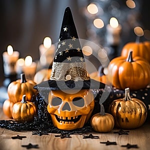 a halloween witch hat pumpkins and candles sit on a table