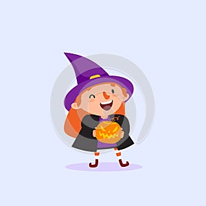 Halloween Witch holding pumpkin in hands and laughing Vector illustration