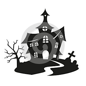 Halloween witch house silhouette with dark tree and graves. Vector illustration of dark castle