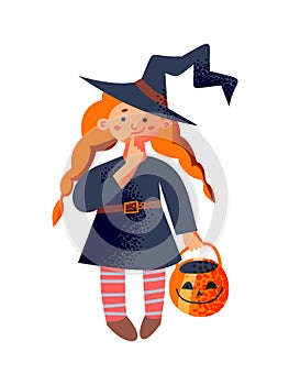 Halloween witch kid character, cute girl in witch hat with red hair holding scary pumpkin