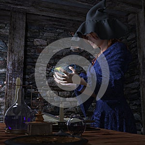Halloween witch in laboratory concept background