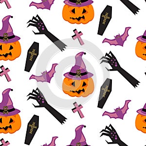 Halloween witch pumpkin vector seamless pattern.