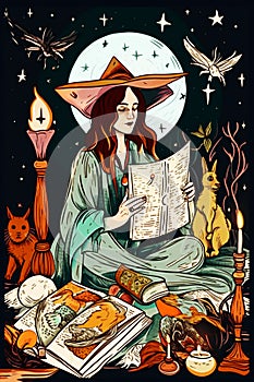 Halloween witch reading a book in the moonlight illustration. Generative AI