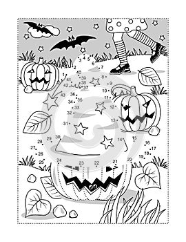 Halloween witch`s hat dot-to-dot picture puzzle and coloring page with young witch chasing her hat lost at the pumpkin field. Answ