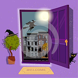 Halloween Witch`s house. Open door to purple hallway with hat at home plant and black cat at door. Urban landscape with a huge