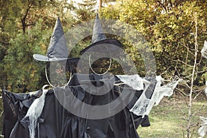 Halloween witch scarecrow decoration. Yard decor and photo zone ideas