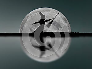 Halloween witch silhouette flying with broomstick. Full Moon. Re