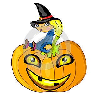 Halloween witch sitting on pumpkin. jack lantern c