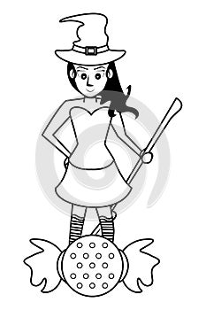 Halloween witch woman with broom and sweet candy