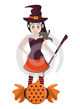 Halloween witch woman with broom and sweet candy