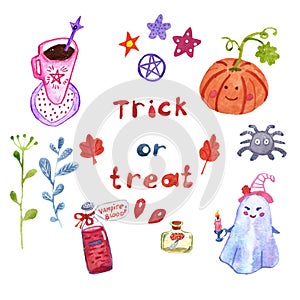 Hand painted Halloween magical symbols set on white background, isolated. Cute cartoon style. photo