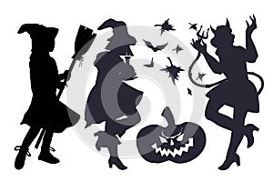 Halloween witches and devil women black contour silhouettes, flat vector isolated.