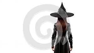 Halloween woman dressed as witch looking back on white background. Generative AI