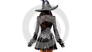 Halloween woman dressed as witch looking back on white background. Generative AI