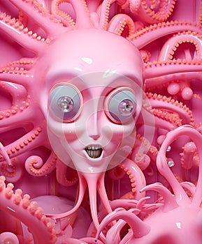 Halloween woman latex caucasian beauty fashion face mask care closeup party costume octopus pink