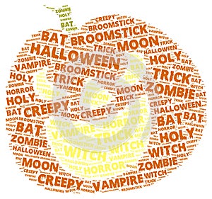 Halloween word cloud in shape of a orange pumpkin