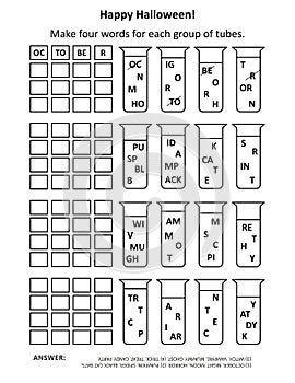 Halloween word game: Compose four words for each group of test-tubes by taking a letter or combination of letters from each tube.
