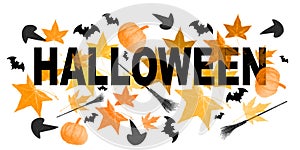 Halloween word, title with bats, pumpkins, witch hats and brooms. Also leaves.