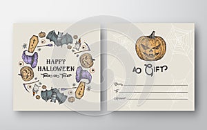 Halloween Wreath Abstract Vector Greeting Gift Card Background Template. Back and Front Design Layout with Typography