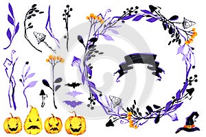Halloween Wreath and flower elements set: pumpkin, mushrooms, bat, witch hat