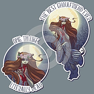 Halloween zimbie bride sitting on a grave stone in the moonlit forest over the graveyard. Halloween sticker set. photo