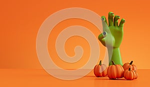 Halloween zombie monster hand reaching out from pumpkins. Halloween background. 3D Rendering