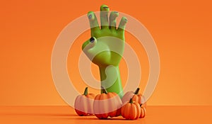 Halloween zombie monster hand reaching out from pumpkins. Halloween background. 3D Rendering