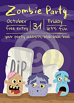 Halloween zombie party poster with monster heads
