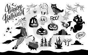 HalloweenCollection of Halloween characters and decor elements, icons and black silhouettes isolated on white background.