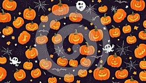Hallowen background, orange pumpkins, smiling faces