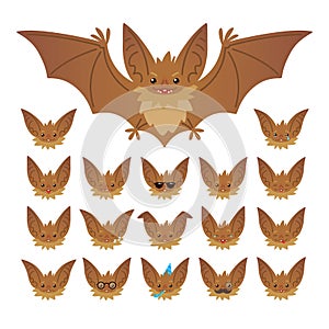 Hallowen character emoticon set. Vector illustration of cute flying bat vampire and it s bat-eared snout with different