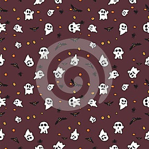 Hallowen pattern black bats, white ghost and orange pumpkin on red background