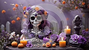 Hallowenn, skull girl, with flowers on her head