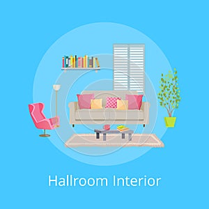 Hallroom Interior Blue Poster Vector Illustration