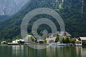 Hallstadtt,little village on the edge of a lake under the alps mountians