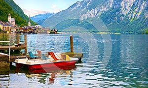 Hallstatt Austria. Lake Hallstattersee with calm blue water