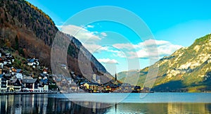 Hallstatt, Austria mountain town, on the bank of the lake, beautiful houses