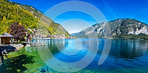 Hallstatt, Austria. Popular town on alpine lake Hallstatter See in Austrian Alps mountains in autumn