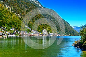 Hallstatt, Austria. Popular town on alpine lake Hallstatter See in Austrian Alps mountains in autumn