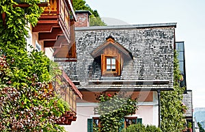 Hallstatt Austria vintage houses with wooden balconies