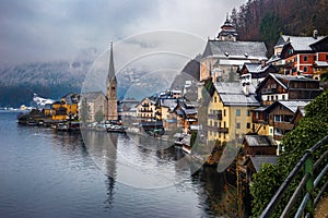 Hallstatt, Austria - Winter view of world famous Hallstatt, the Unesco protected lakeside town with Lutheran Church