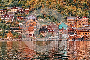 Hallstatt austrian alps resort and mountain village with traditional rural alps houses, restaurants, hotels