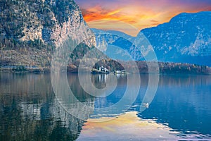 Hallstatt lake and mountain with castle on the other side of the lake