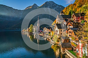 Hallstatt mountain village in morning light in fall, Salzkammergut, Austria