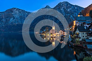 Hallstatt mountain village at night from classic postcard viewpoint Salzkammergut Austria