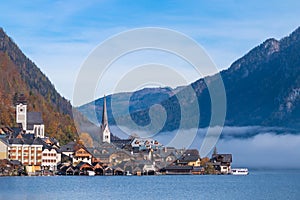 Hallstatt mountain village on a sunny day from classic postcard viewpoint Salzkammergut Austria