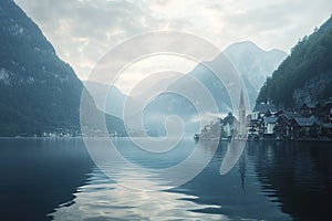 Hallstatt: Panoramic View of the Picturesque Austrian Town lake water photo image alpine scenic photo