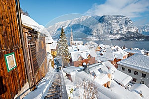 Hallstatt rooftops view in winter, Salzkammergut, Austria