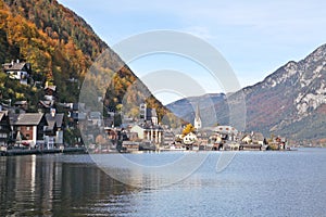 Hallstatt town nearby lake in Autumn