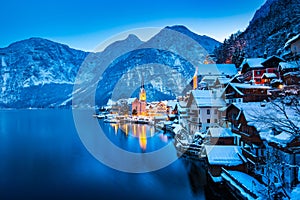 Hallstatt at twilight in winter, Salzkammergut, Austria